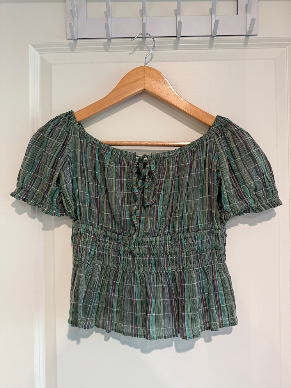 Free People Green Plaid Peasant Top